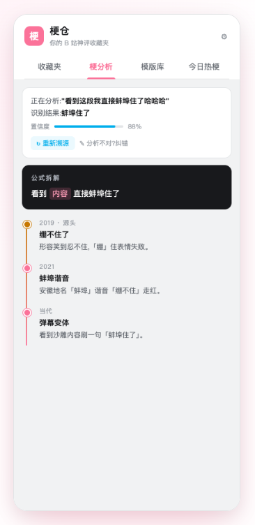 AI 梗分析:置信度、公式拆解与金到粉的梗谱系时间线